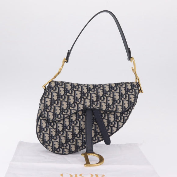 Christian Dior Trotter Canvas Saddle Hand Bag Navy Gold Auth ka7046SAV
