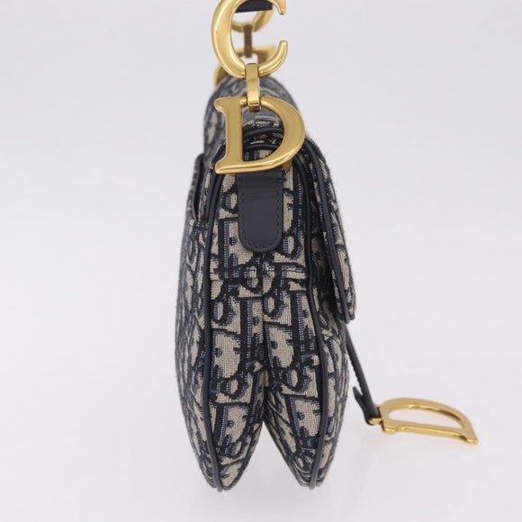 Christian Dior Trotter Canvas Saddle Hand Bag Navy Gold Auth ka7046SAV