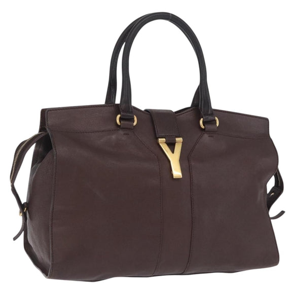 Saint Laurent Cavas Chic Hand Bag Leather Dark Brown Gold Auth ka7057