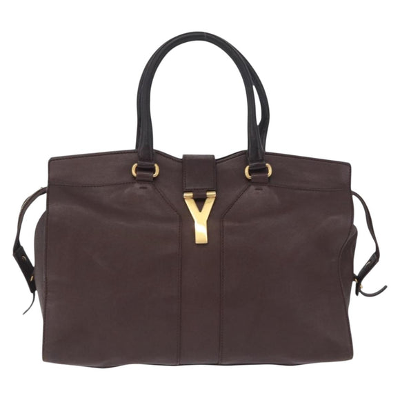 Saint Laurent Cavas Chic Hand Bag Leather Dark Brown Gold Auth ka7057