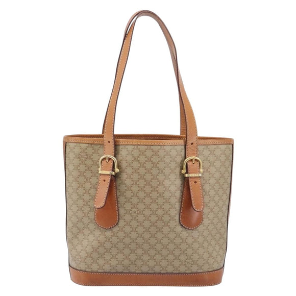 CELINE Macadam Canvas Tote Bag PVC Beige Gold Auth ka7059