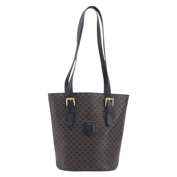 CELINE Macadam Canvas Shoulder Bag PVC Leather Black Gold Auth ka7063V