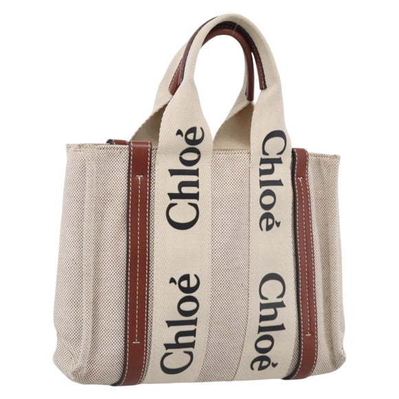 Chloe Woody Hand Bag Canvas White Auth ka7069