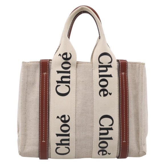 Chloe Woody Hand Bag Canvas White Auth ka7069