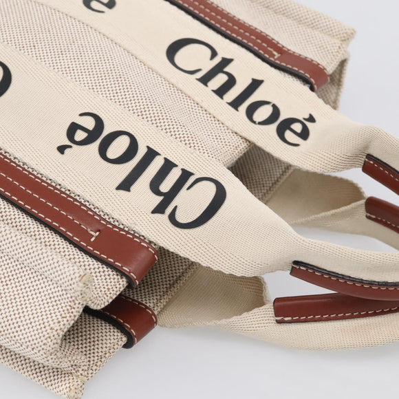 Chloe Woody Hand Bag Canvas White Auth ka7069
