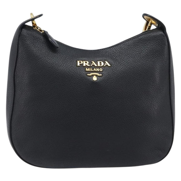 PRADA Shoulder Bag Leather Black Gold Auth ka7084V