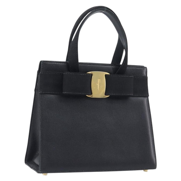 Salvatore Ferragamo Vala Hand Bag Leather Embossed Black Gold Auth ka7088