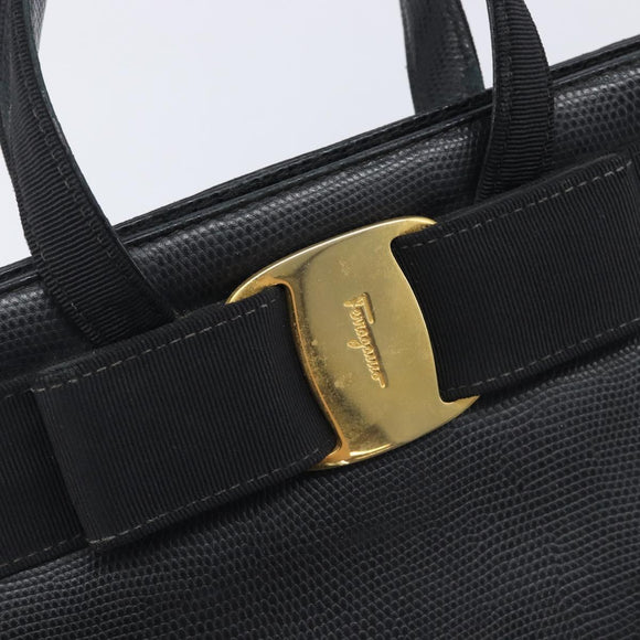 Salvatore Ferragamo Vala Hand Bag Leather Embossed Black Gold Auth ka7088
