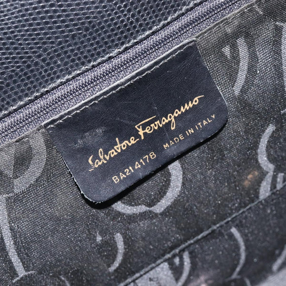 Salvatore Ferragamo Vala Hand Bag Leather Embossed Black Gold Auth ka7088