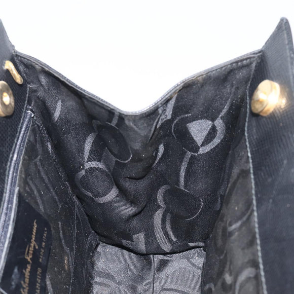 Salvatore Ferragamo Vala Hand Bag Leather Embossed Black Gold Auth ka7088