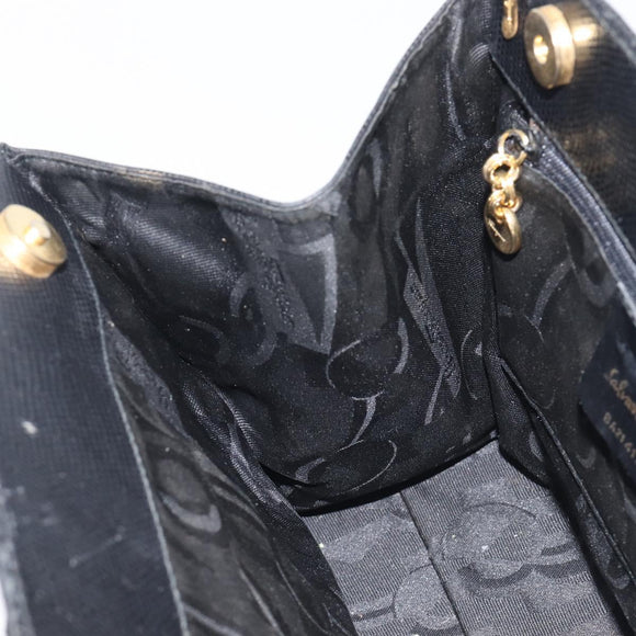 Salvatore Ferragamo Vala Hand Bag Leather Embossed Black Gold Auth ka7088