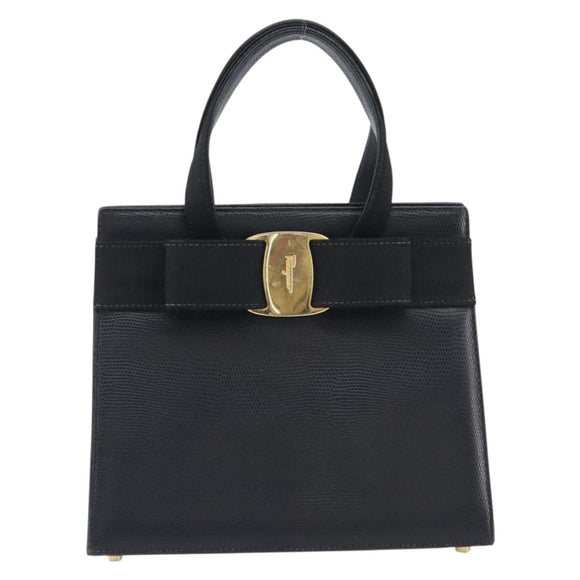 Salvatore Ferragamo Vala Hand Bag Leather Embossed Black Gold Auth ka7088