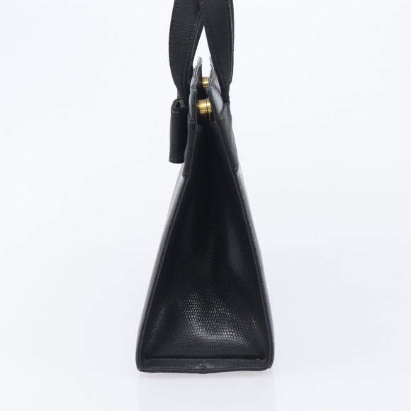 Salvatore Ferragamo Vala Hand Bag Leather Embossed Black Gold Auth ka7088