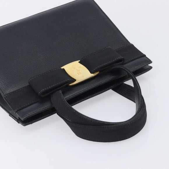 Salvatore Ferragamo Vala Hand Bag Leather Embossed Black Gold Auth ka7088