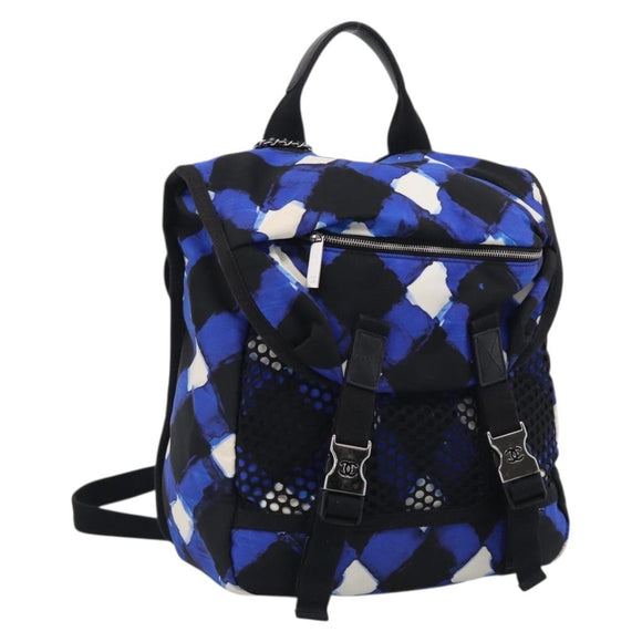 CHANEL Airline Backpack Nylon Blue Silver CC Auth ka7106V