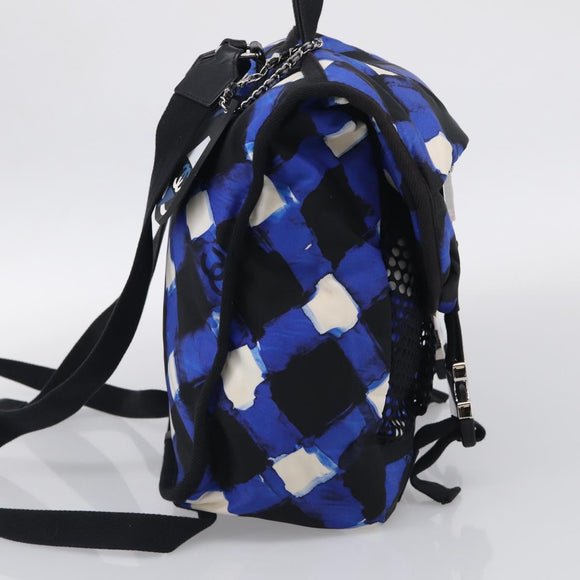 CHANEL Airline Backpack Nylon Blue Silver CC Auth ka7106V