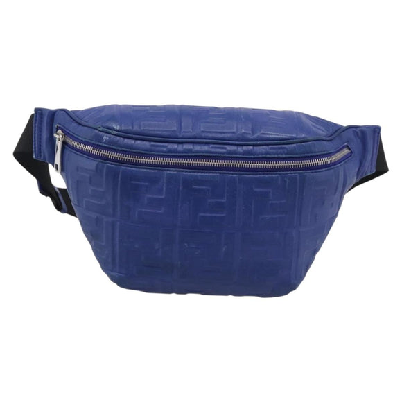 FENDI Zucca Canvas Waist Bag Leather Blue Silver Auth ka7114