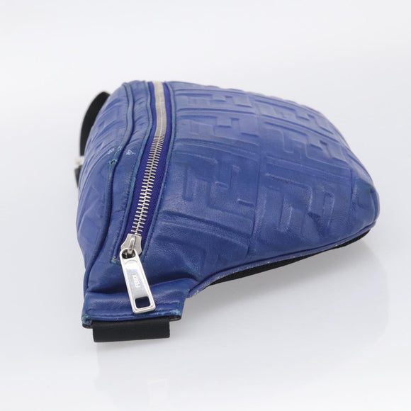 FENDI Zucca Canvas Waist Bag Leather Blue Silver Auth ka7114