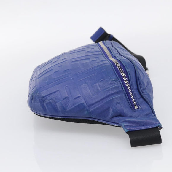 FENDI Zucca Canvas Waist Bag Leather Blue Silver Auth ka7114