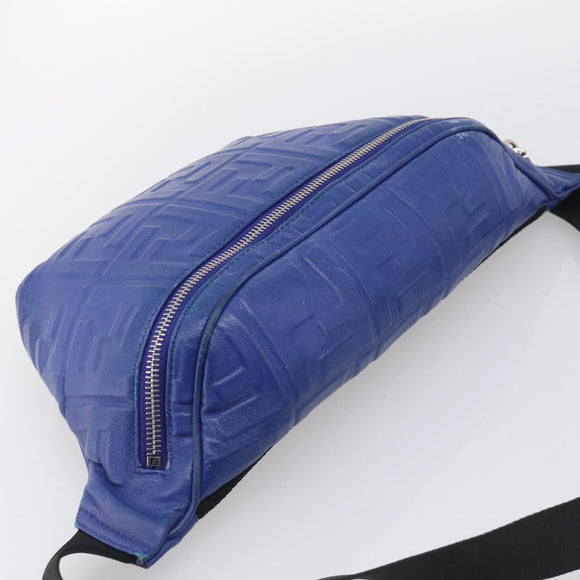 FENDI Zucca Canvas Waist Bag Leather Blue Silver Auth ka7114
