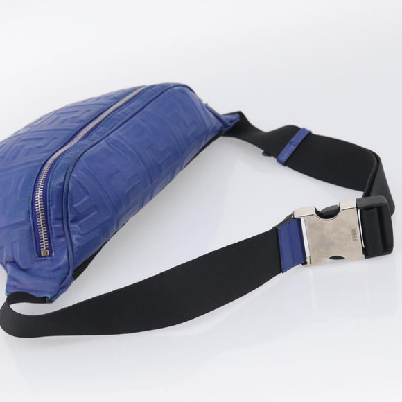 FENDI Zucca Canvas Waist Bag Leather Blue Silver Auth ka7114