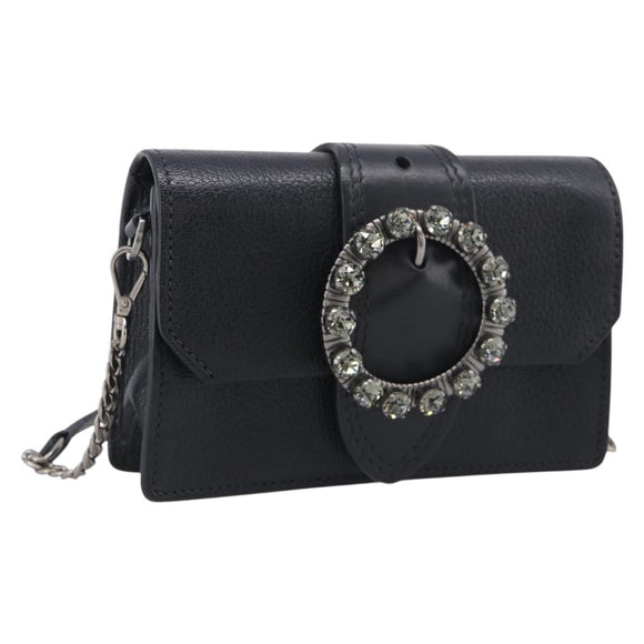 Miu Miu Madras Shoulder Bag Leather Black Silver Auth ka7115M