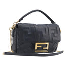 FENDI Mini Baguette Shoulder Bag Leather 2way Black Gold Auth ka7118A-1
