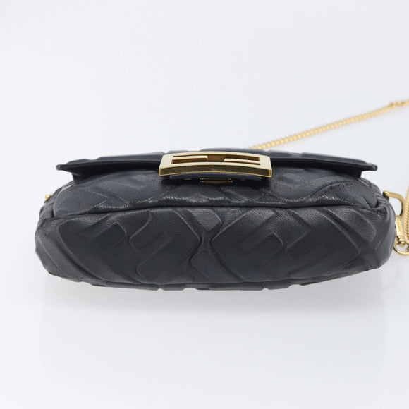 FENDI Mini Baguette Shoulder Bag Leather 2way Black Gold Auth ka7118A