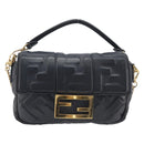 FENDI Mini Baguette Shoulder Bag Leather 2way Black Gold Auth ka7118A-2