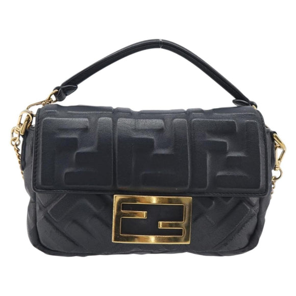 FENDI Mini Baguette Shoulder Bag Leather 2way Black Gold Auth ka7118A