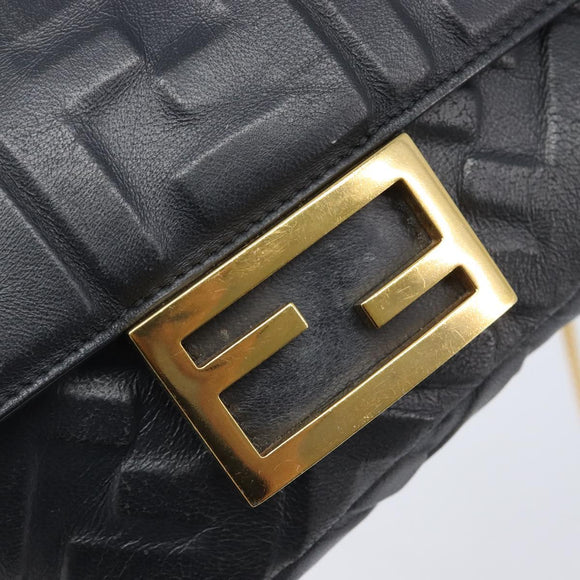 FENDI Mini Baguette Shoulder Bag Leather 2way Black Gold Auth ka7118A