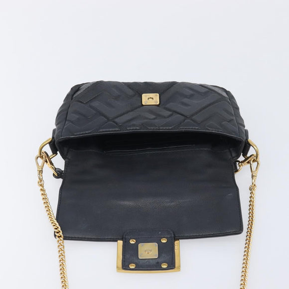 FENDI Mini Baguette Shoulder Bag Leather 2way Black Gold Auth ka7118A