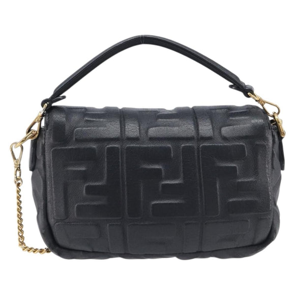 FENDI Mini Baguette Shoulder Bag Leather 2way Black Gold Auth ka7118A
