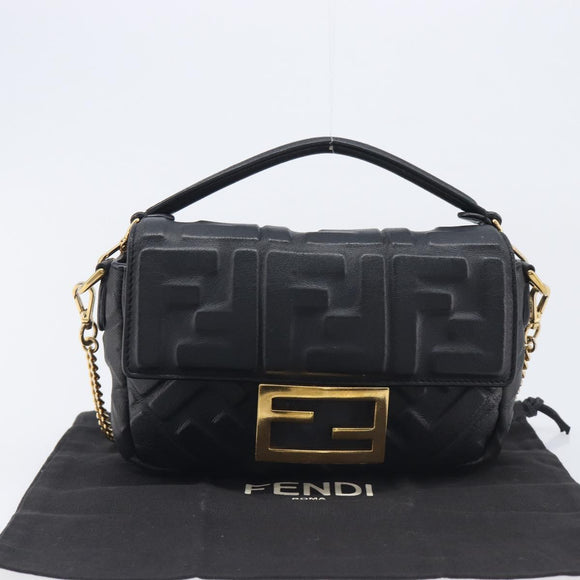 FENDI Mini Baguette Shoulder Bag Leather 2way Black Gold Auth ka7118A