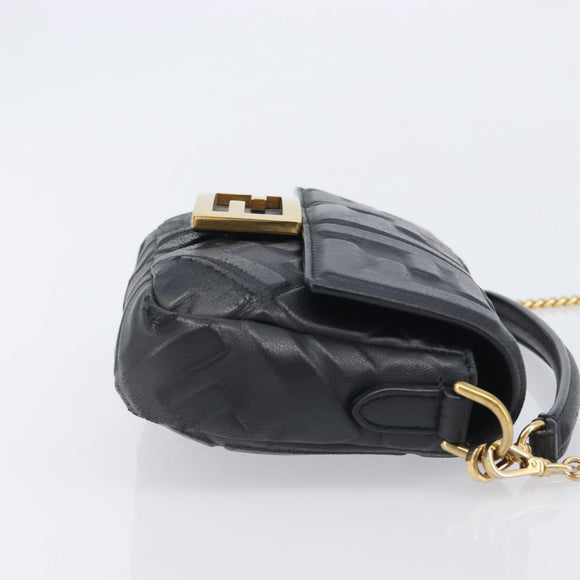 FENDI Mini Baguette Shoulder Bag Leather 2way Black Gold Auth ka7118A