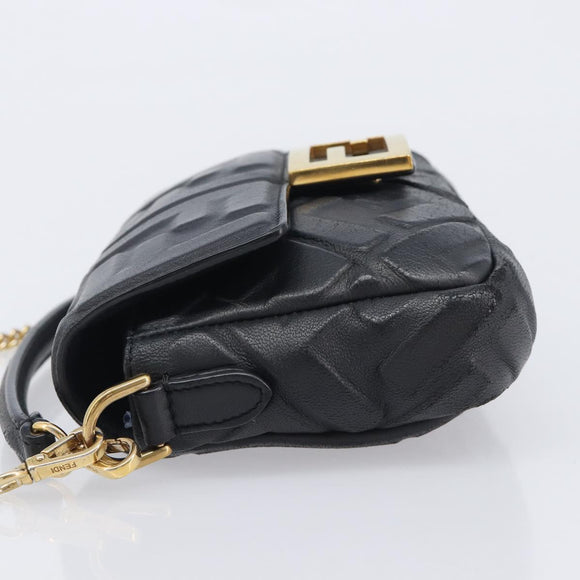 FENDI Mini Baguette Shoulder Bag Leather 2way Black Gold Auth ka7118A