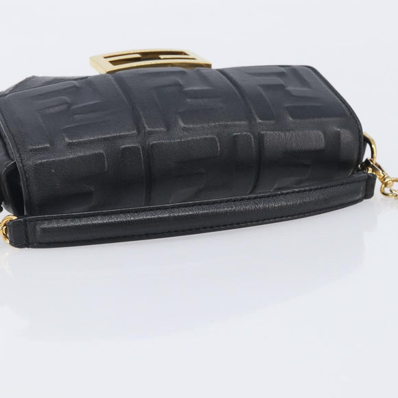 FENDI Mini Baguette Shoulder Bag Leather 2way Black Gold Auth ka7118A