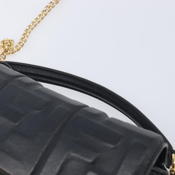 FENDI Mini Baguette Shoulder Bag Leather 2way Black Gold Auth ka7118A