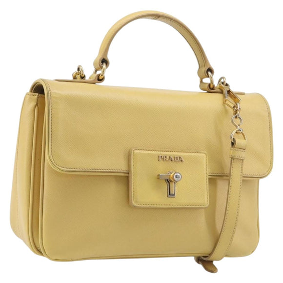 PRADA Hand Bag Safiano Leather 2way Yellow Gold Auth ka7120