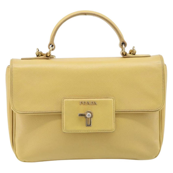 PRADA Hand Bag Safiano Leather 2way Yellow Gold Auth ka7120