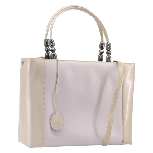 Christian Dior Maris Pearl Hand Bag Patent Leather 2way Beige Silver Auth ka7131