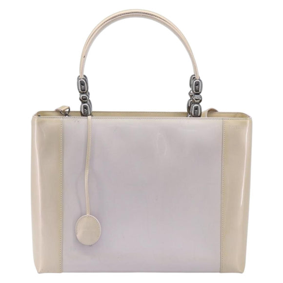 Christian Dior Maris Pearl Hand Bag Patent Leather 2way Beige Silver Auth ka7131