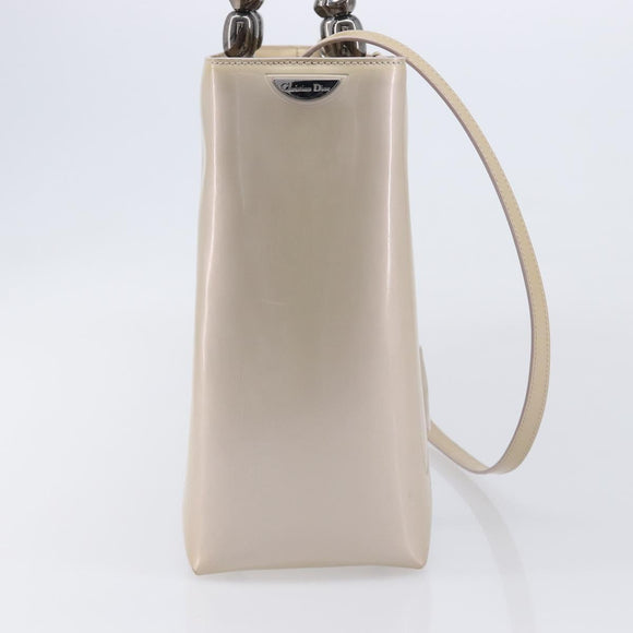 Christian Dior Maris Pearl Hand Bag Patent Leather 2way Beige Silver Auth ka7131
