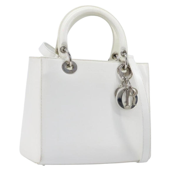 Christian Dior Lady Dior Hand Bag Leather 2way White Silver Auth ka7132