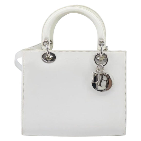 Christian Dior Lady Dior Hand Bag Leather 2way White Silver Auth ka7132