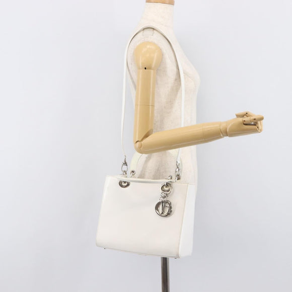 Christian Dior Lady Dior Hand Bag Leather 2way White Silver Auth ka7132