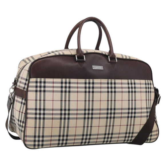 BURBERRY Nova Check Boston Bag Canvas 2way Beige Silver Auth ka7135