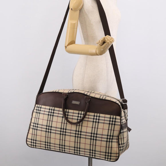 BURBERRY Nova Check Boston Bag Canvas 2way Beige Silver Auth ka7135