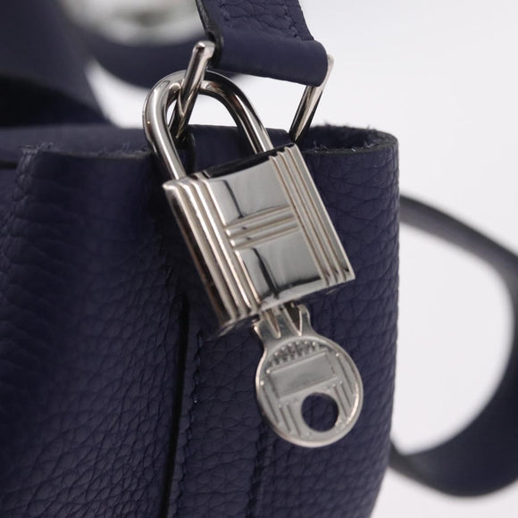 HERMES Taurillon Clemence Picotan Lock MM Bag Leather Navy Silver Auth ka7140SAM