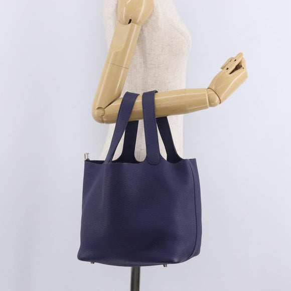 HERMES Taurillon Clemence Picotan Lock MM Bag Leather Navy Silver Auth ka7140SAM